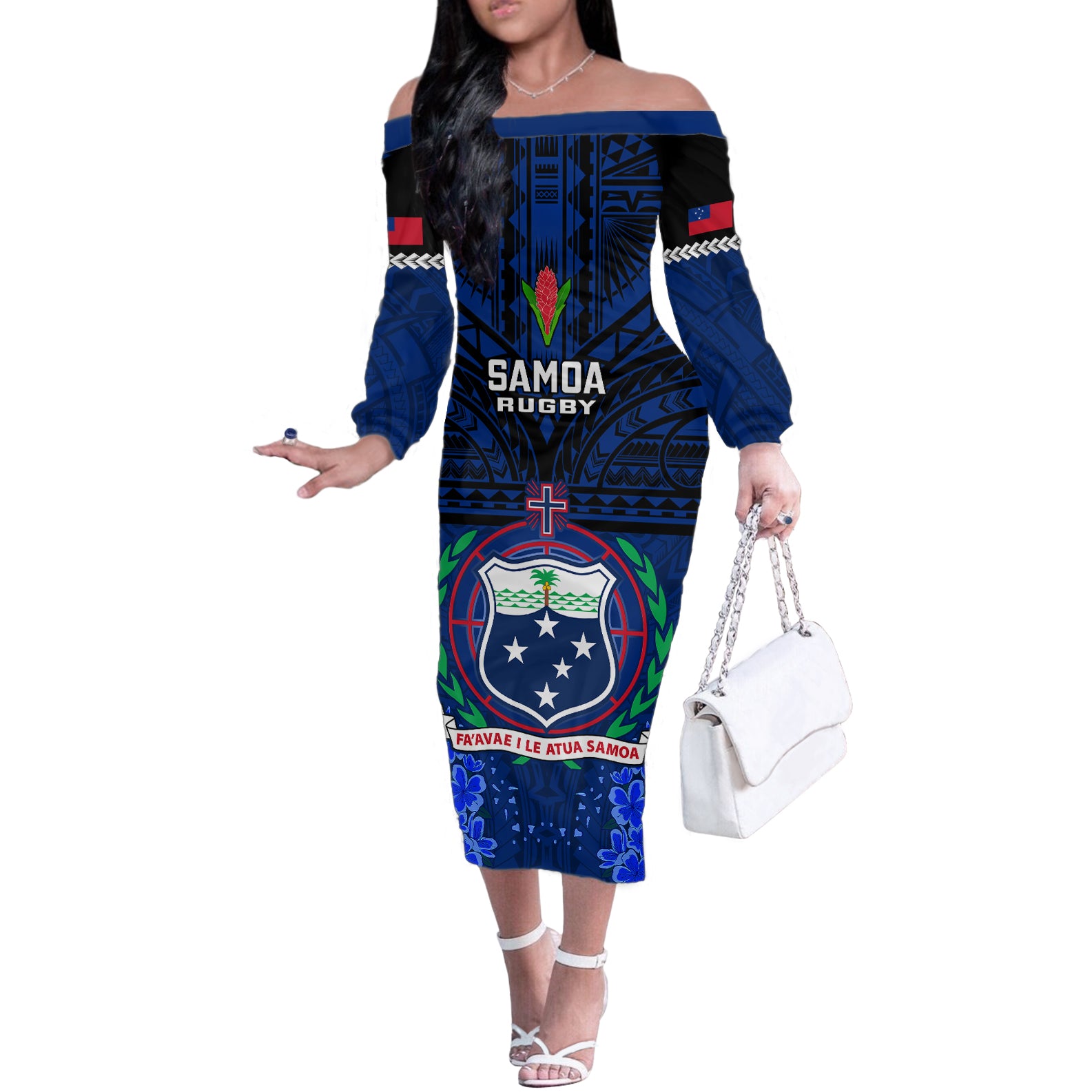 Samoa Rugby Off The Shoulder Long Sleeve Dress World Cup 2023 Go Champions Manu Samoa LT14 Women Blue - Polynesian Pride