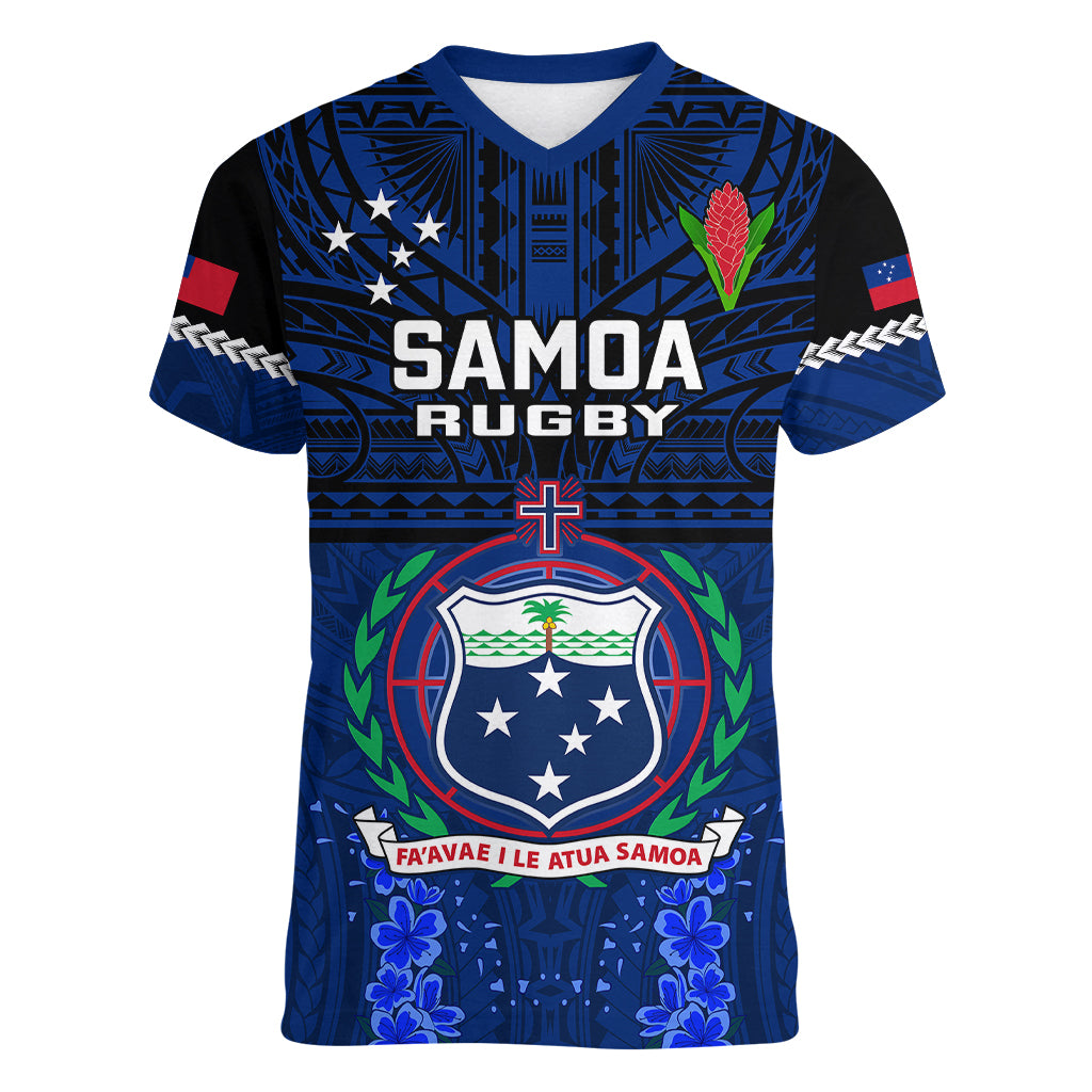 Samoa Rugby Women V Neck T Shirt World Cup 2023 Go Champions Manu Samoa LT14 Female Blue - Polynesian Pride