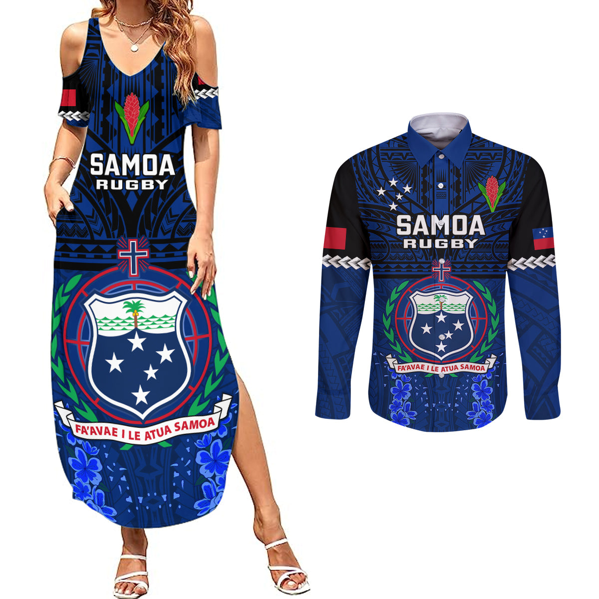 Custom Samoa Rugby Couples Matching Summer Maxi Dress and Long Sleeve Button Shirts World Cup 2023 Go Champions Manu Samoa LT14 Blue - Polynesian Pride