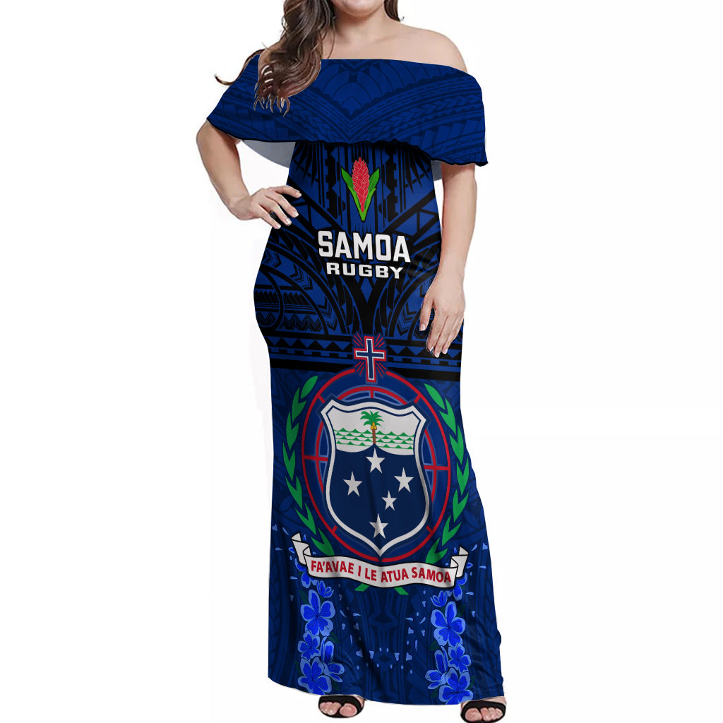 Custom Samoa Rugby Off Shoulder Maxi Dress World Cup 2023 Go Champions Manu Samoa LT14 Women Blue - Polynesian Pride