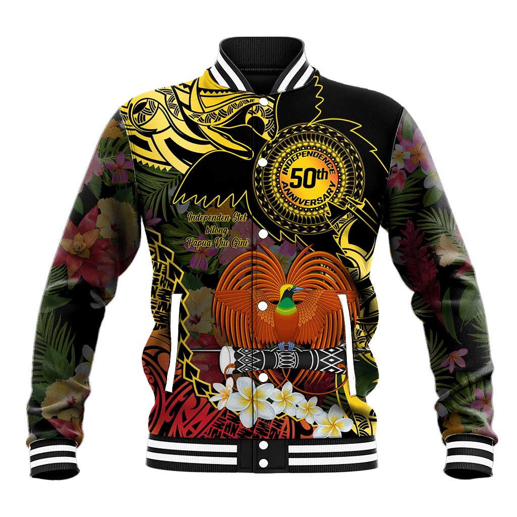 Papua New Guinea 50th Independence Anniversary Baseball Jacket Independen Stet bilong Papua Niu Gini LT14 Unisex Black - Polynesian Pride