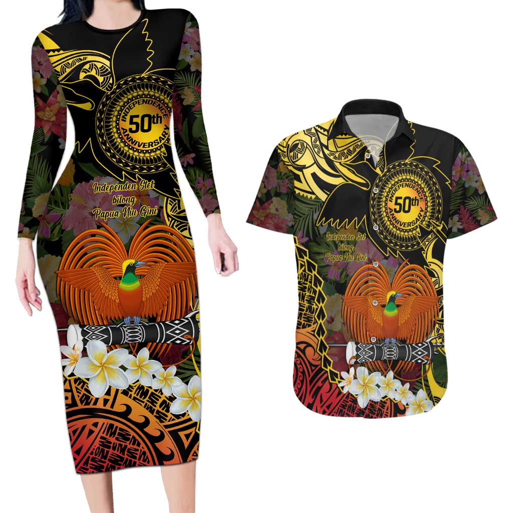 Papua New Guinea 50th Independence Anniversary Couples Matching Long Sleeve Bodycon Dress and Hawaiian Shirt Independen Stet bilong Papua Niu Gini LT14 Black - Polynesian Pride