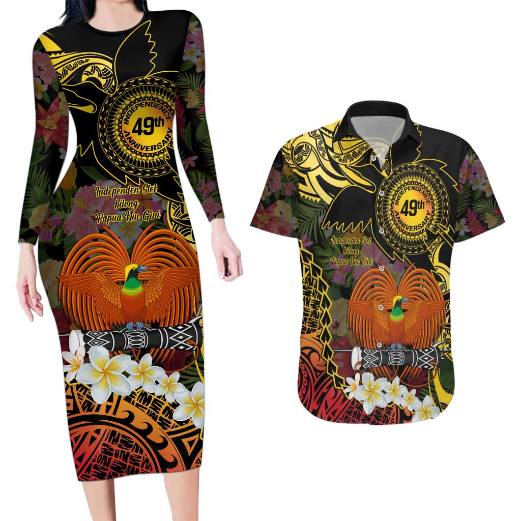 Papua New Guinea 49th Independence Anniversary Couples Matching Long Sleeve Bodycon Dress and Hawaiian Shirt Independen Stet bilong Papua Niu Gini