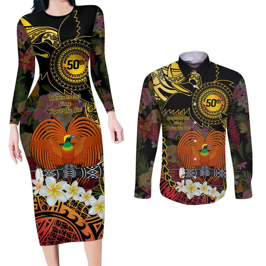 Papua New Guinea 50th Independence Anniversary Couples Matching Long Sleeve Bodycon Dress and Long Sleeve Button Shirt Independen Stet bilong Papua Niu Gini LT14 Black - Polynesian Pride