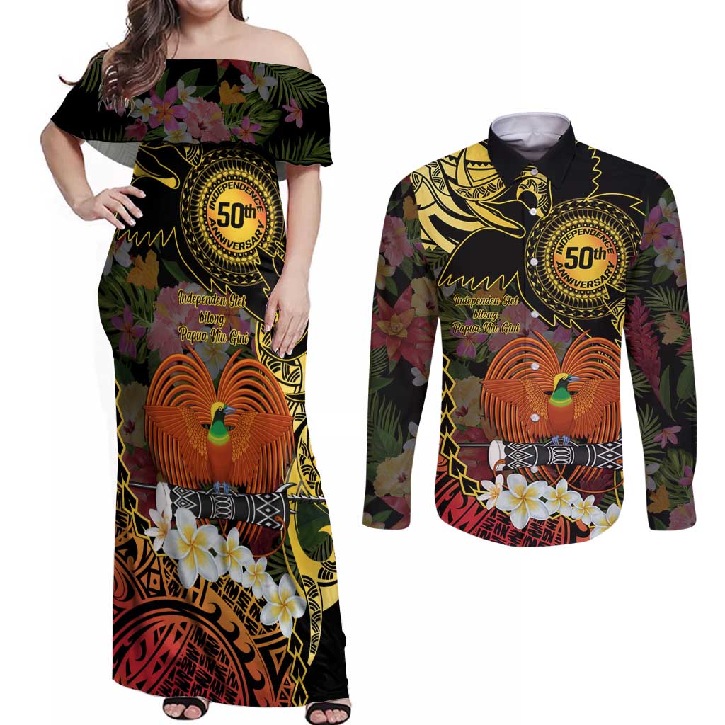 Papua New Guinea 50th Independence Anniversary Couples Matching Off Shoulder Maxi Dress and Long Sleeve Button Shirt Independen Stet bilong Papua Niu Gini LT14 Black - Polynesian Pride