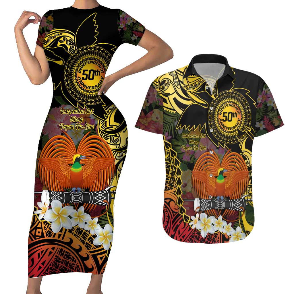 Papua New Guinea 50th Independence Anniversary Couples Matching Short Sleeve Bodycon Dress and Hawaiian Shirt Independen Stet bilong Papua Niu Gini LT14 Black - Polynesian Pride