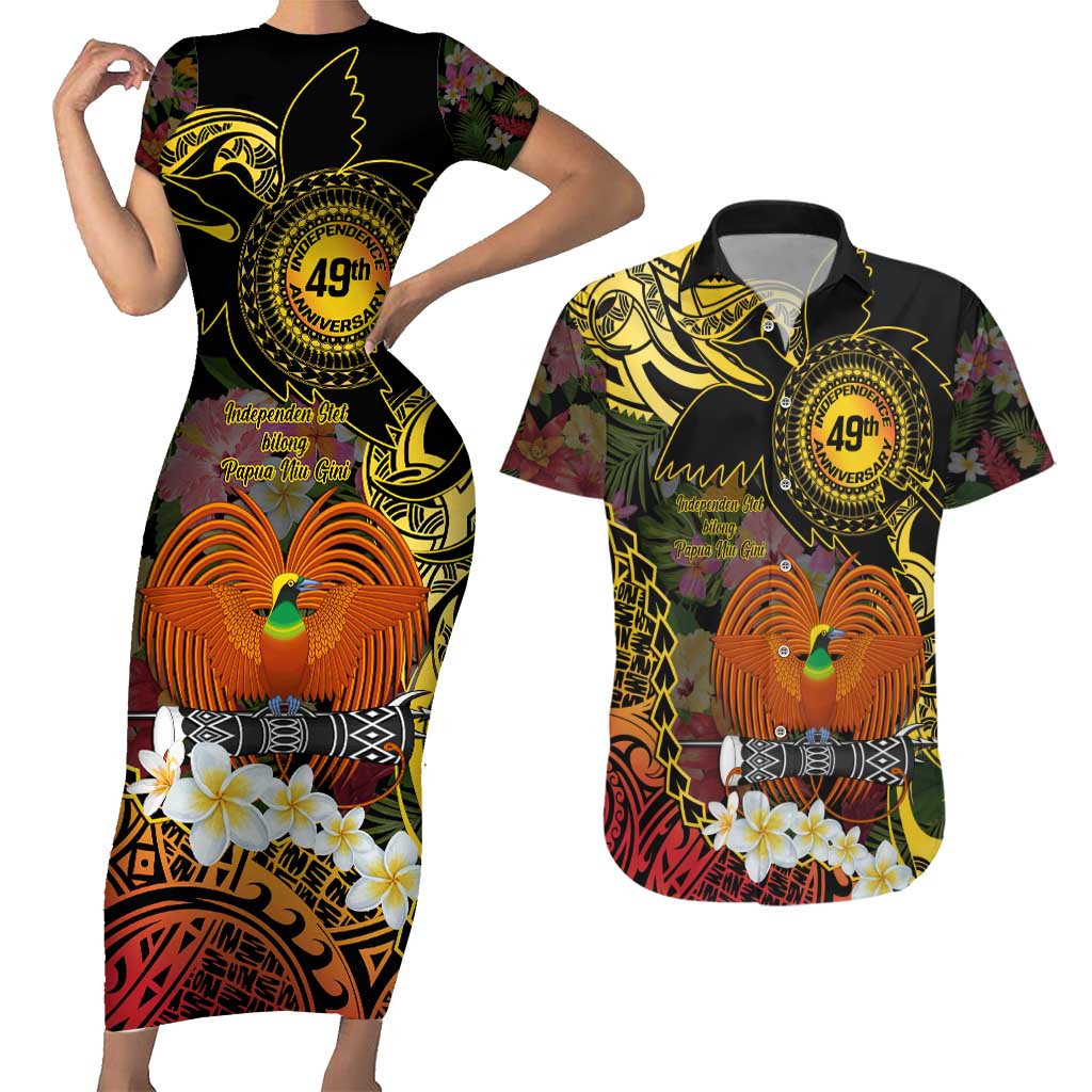 Papua New Guinea 49th Independence Anniversary Couples Matching Short Sleeve Bodycon Dress and Hawaiian Shirt Independen Stet bilong Papua Niu Gini