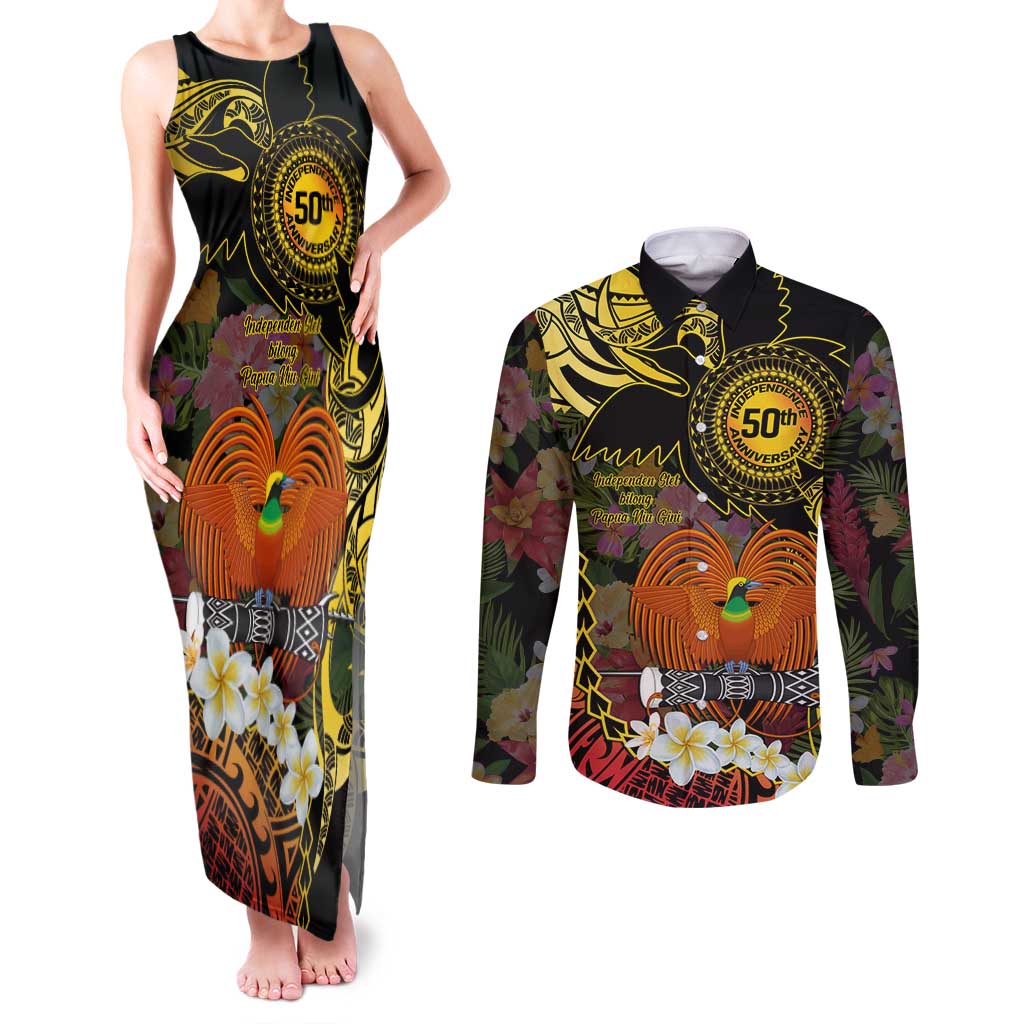 Papua New Guinea 50th Independence Anniversary Couples Matching Tank Maxi Dress and Long Sleeve Button Shirt Independen Stet bilong Papua Niu Gini LT14 Black - Polynesian Pride