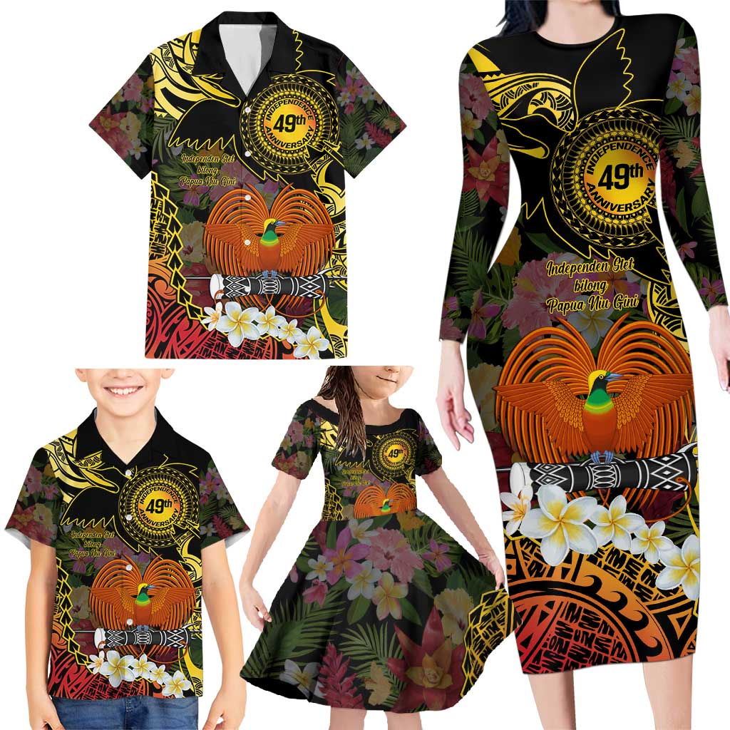 Papua New Guinea 49th Independence Anniversary Family Matching Long Sleeve Bodycon Dress and Hawaiian Shirt Independen Stet bilong Papua Niu Gini