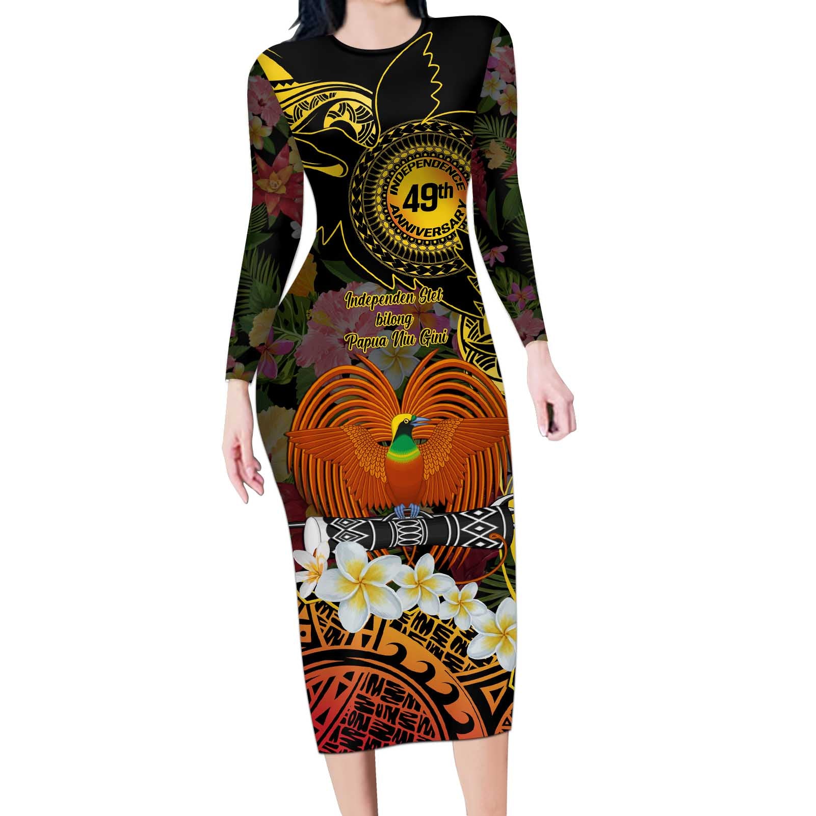 Papua New Guinea 49th Independence Anniversary Long Sleeve Bodycon Dress Independen Stet bilong Papua Niu Gini