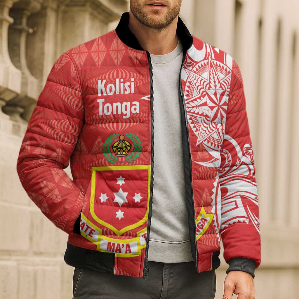 Personalised Kolisi Tonga Bomber Puffer Jacket Mate Maa Tonga Ngatu Pattern - Polynesian Pride