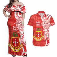 Personalised Kolisi Tonga Couples Matching Off Shoulder Maxi Dress and Hawaiian Shirt Mate Maa Tonga Ngatu Pattern - Polynesian Pride