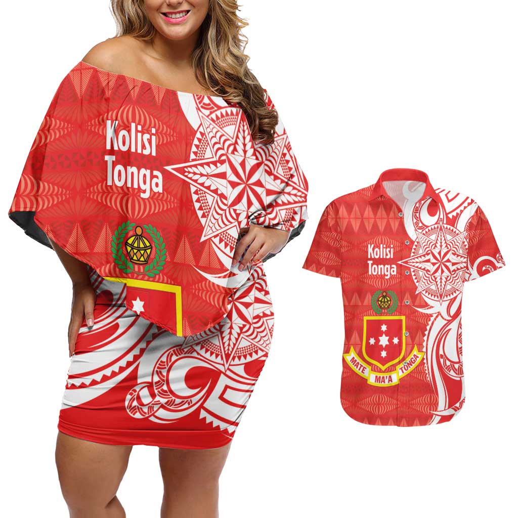 Personalised Kolisi Tonga Couples Matching Off Shoulder Short Dress and Hawaiian Shirt Mate Maa Tonga Ngatu Pattern - Polynesian Pride