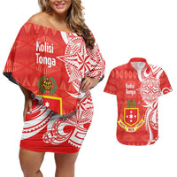 Personalised Kolisi Tonga Couples Matching Off Shoulder Short Dress and Hawaiian Shirt Mate Maa Tonga Ngatu Pattern - Polynesian Pride