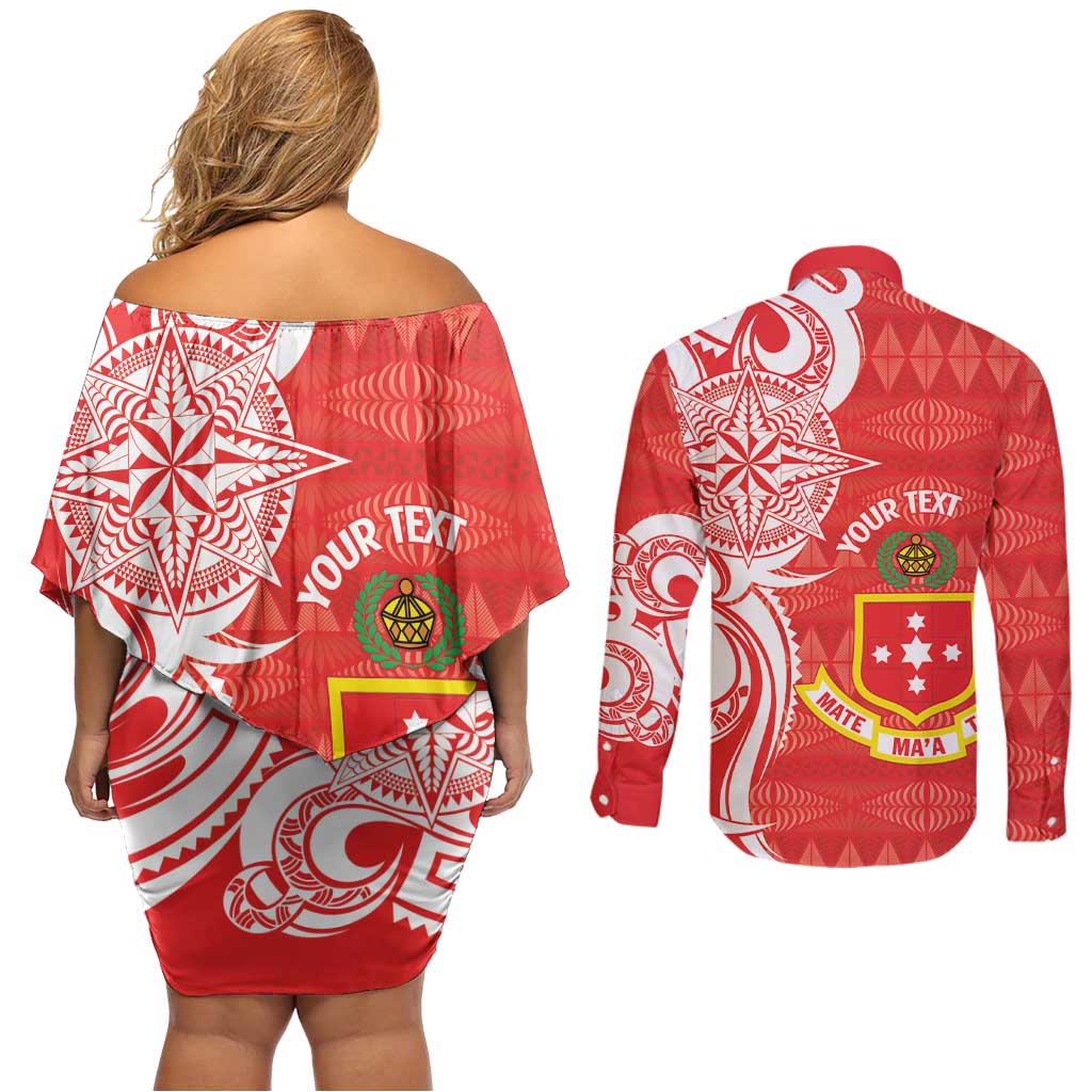 Personalised Kolisi Tonga Couples Matching Off Shoulder Short Dress and Long Sleeve Button Shirt Mate Maa Tonga Ngatu Pattern - Polynesian Pride