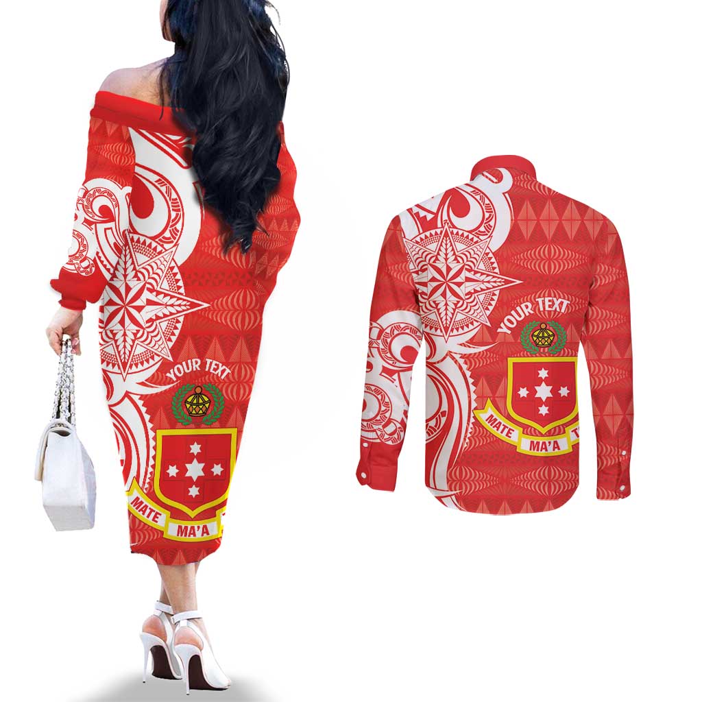 Personalised Kolisi Tonga Couples Matching Off The Shoulder Long Sleeve Dress and Long Sleeve Button Shirt Mate Maa Tonga Ngatu Pattern - Polynesian Pride