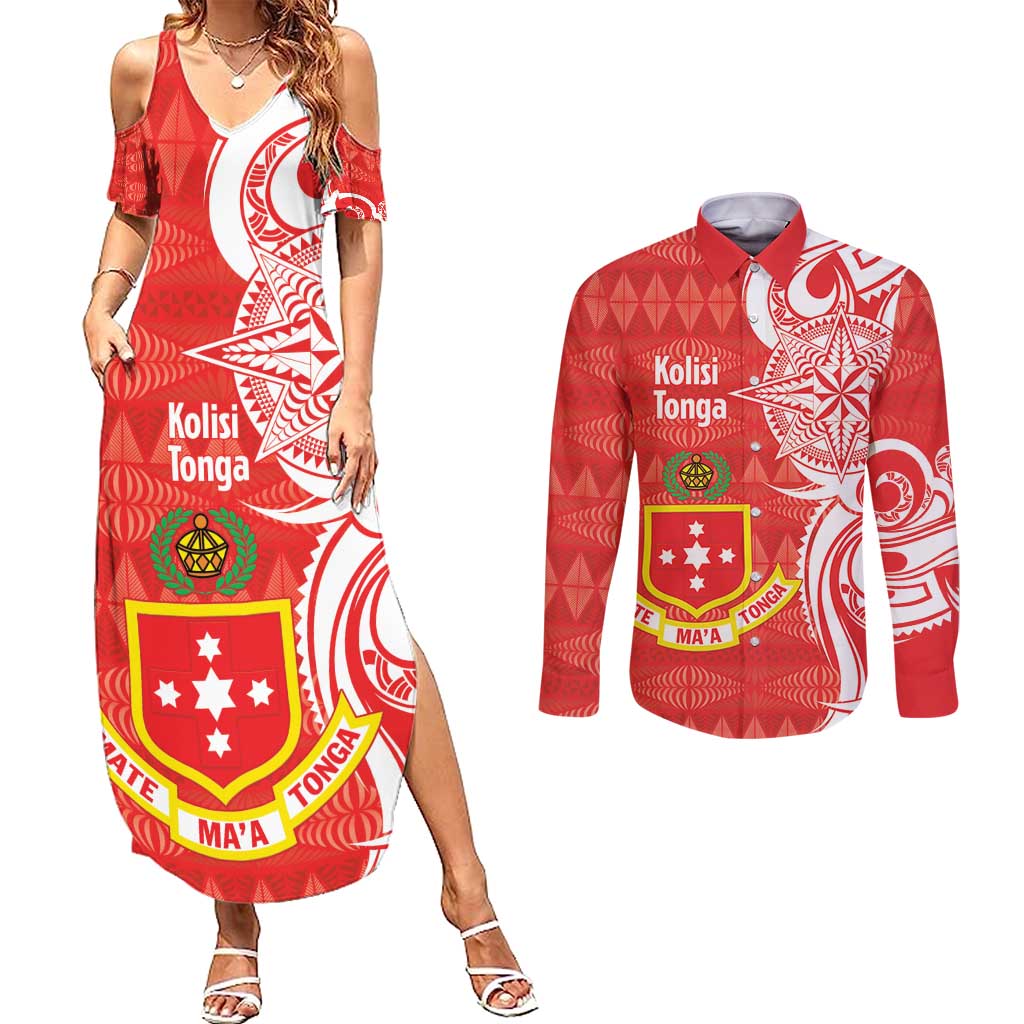 Personalised Kolisi Tonga Couples Matching Summer Maxi Dress and Long Sleeve Button Shirt Mate Maa Tonga Ngatu Pattern - Polynesian Pride