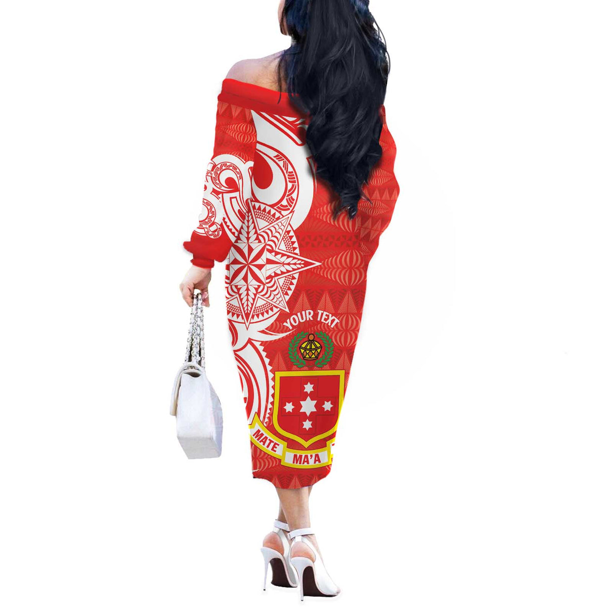 Personalised Kolisi Tonga Off The Shoulder Long Sleeve Dress Mate Maa Tonga Ngatu Pattern - Polynesian Pride