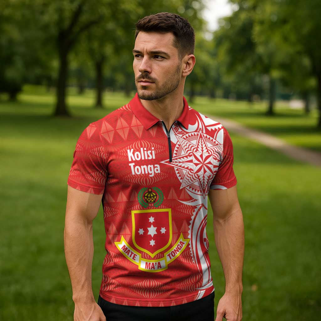 Personalised Kolisi Tonga Zipper Polo Shirt Mate Maa Tonga Ngatu Pattern - Polynesian Pride