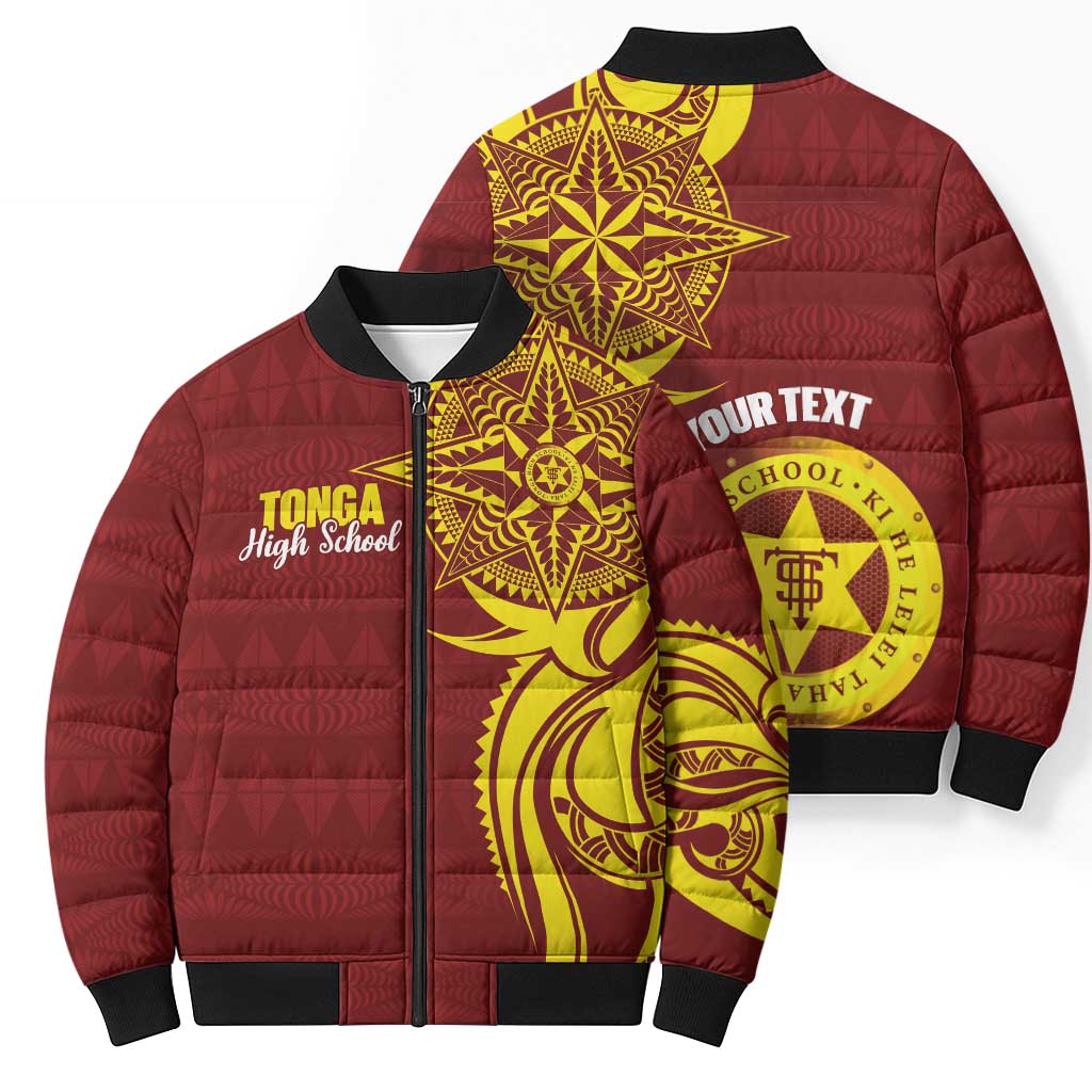 Personalised Tonga High School Bomber Puffer Jacket THS Tongan Ngatu Pattern - Polynesian Pride