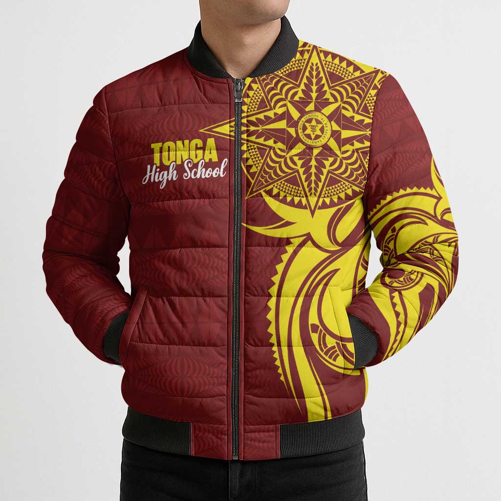 Personalised Tonga High School Bomber Puffer Jacket THS Tongan Ngatu Pattern - Polynesian Pride