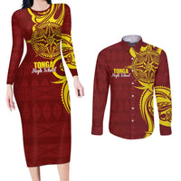 Personalised Tonga High School Couples Matching Long Sleeve Bodycon Dress and Long Sleeve Button Shirt THS Tongan Ngatu Pattern - Polynesian Pride
