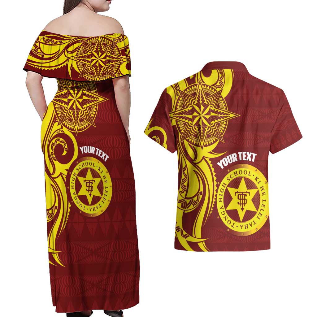 Personalised Tonga High School Couples Matching Off Shoulder Maxi Dress and Hawaiian Shirt THS Tongan Ngatu Pattern - Polynesian Pride
