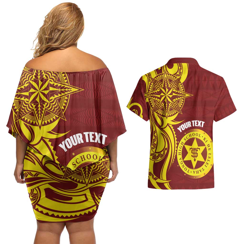 Personalised Tonga High School Couples Matching Off Shoulder Short Dress and Hawaiian Shirt THS Tongan Ngatu Pattern - Polynesian Pride