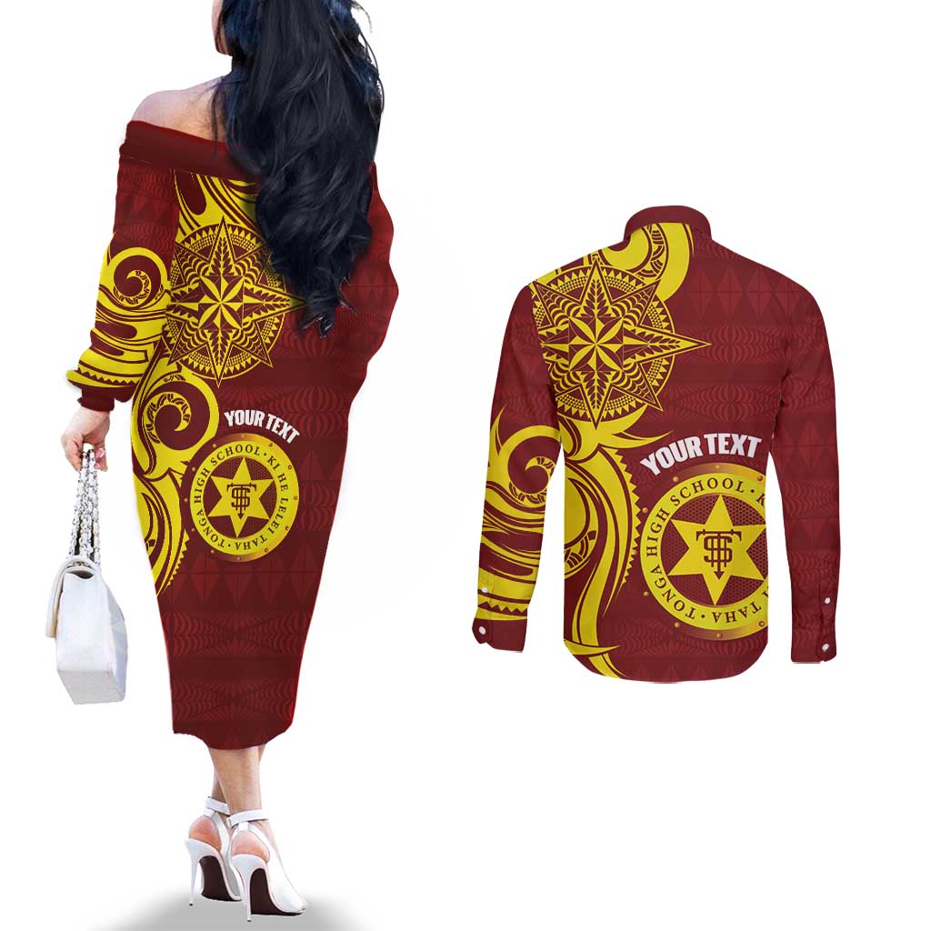 Personalised Tonga High School Couples Matching Off The Shoulder Long Sleeve Dress and Long Sleeve Button Shirt THS Tongan Ngatu Pattern - Polynesian Pride