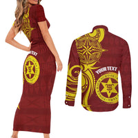 Personalised Tonga High School Couples Matching Short Sleeve Bodycon Dress and Long Sleeve Button Shirt THS Tongan Ngatu Pattern - Polynesian Pride