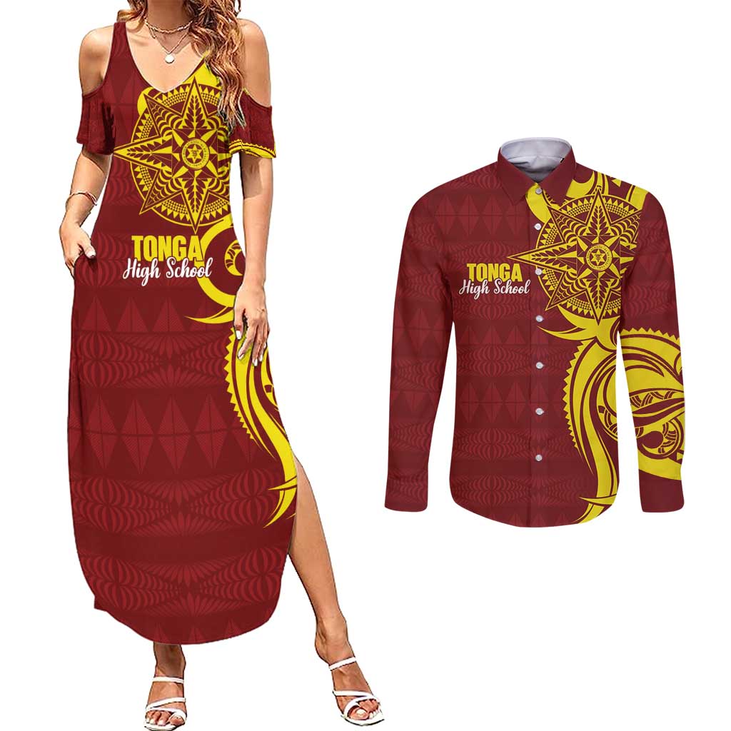 Personalised Tonga High School Couples Matching Summer Maxi Dress and Long Sleeve Button Shirt THS Tongan Ngatu Pattern - Polynesian Pride