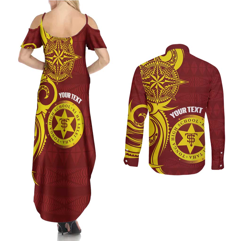 Personalised Tonga High School Couples Matching Summer Maxi Dress and Long Sleeve Button Shirt THS Tongan Ngatu Pattern - Polynesian Pride