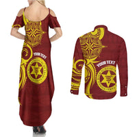 Personalised Tonga High School Couples Matching Summer Maxi Dress and Long Sleeve Button Shirt THS Tongan Ngatu Pattern - Polynesian Pride