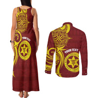 Personalised Tonga High School Couples Matching Tank Maxi Dress and Long Sleeve Button Shirt THS Tongan Ngatu Pattern - Polynesian Pride
