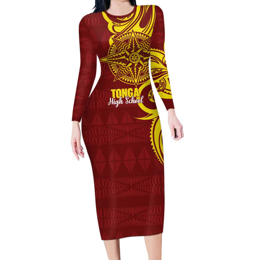 Personalised Tonga High School Family Matching Long Sleeve Bodycon Dress and Hawaiian Shirt THS Tongan Ngatu Pattern - Polynesian Pride