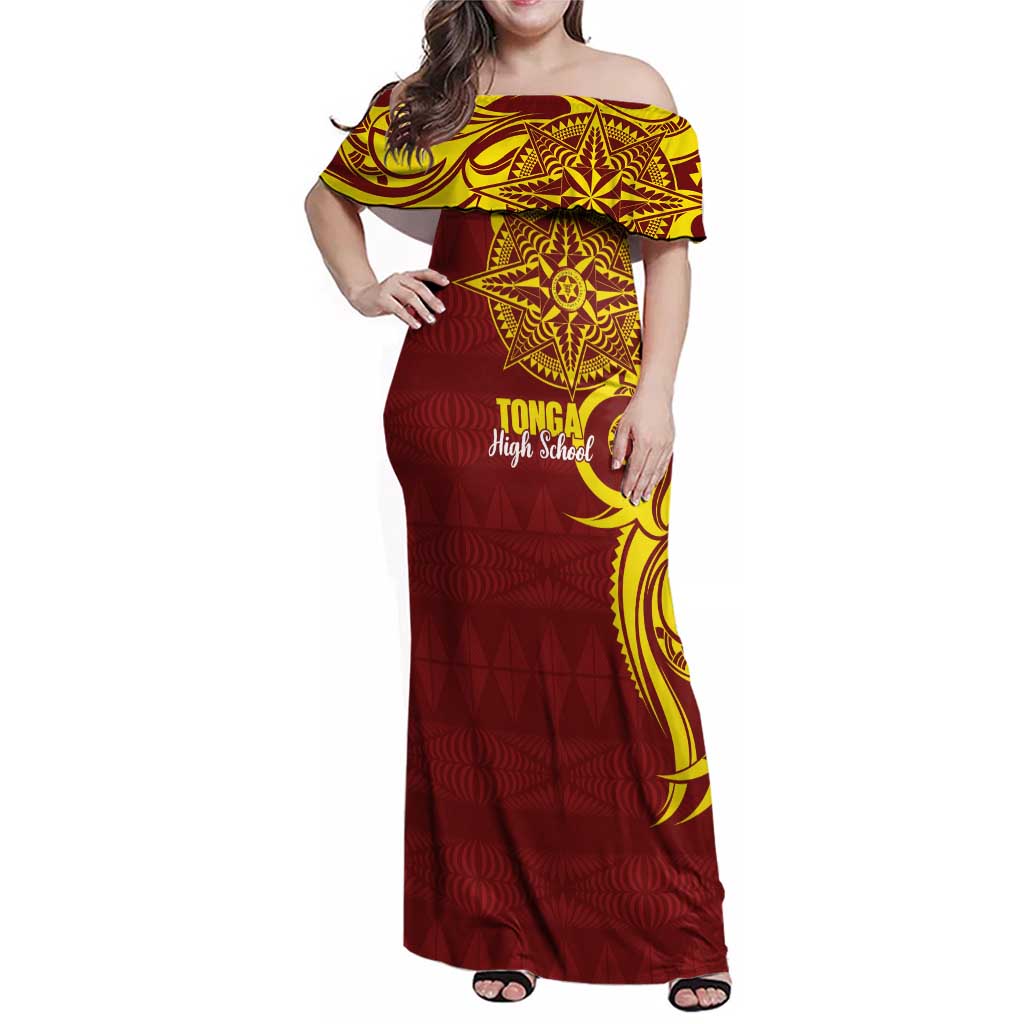 Personalised Tonga High School Family Matching Off Shoulder Maxi Dress and Hawaiian Shirt THS Tongan Ngatu Pattern - Polynesian Pride
