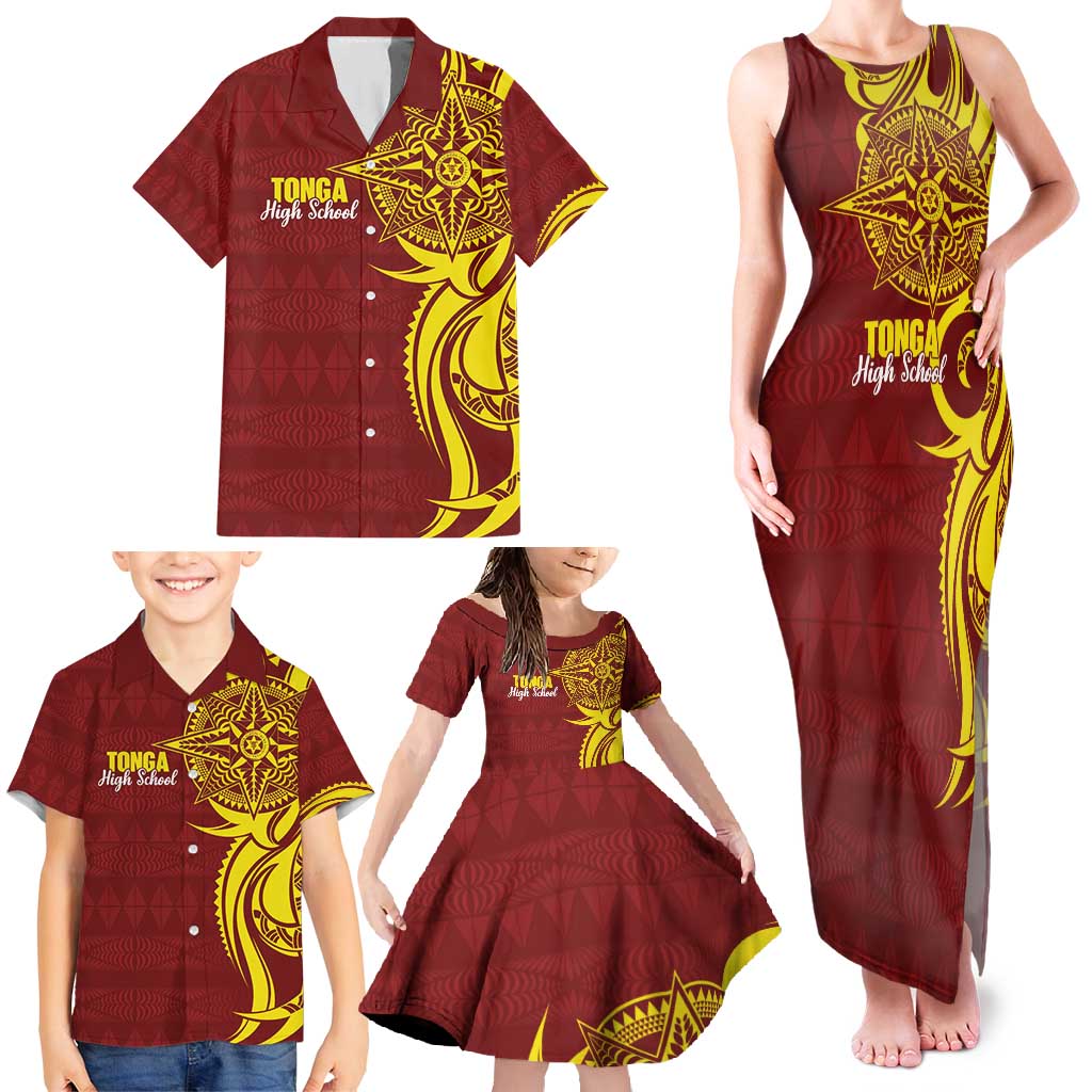 Personalised Tonga High School Family Matching Tank Maxi Dress and Hawaiian Shirt THS Tongan Ngatu Pattern - Polynesian Pride