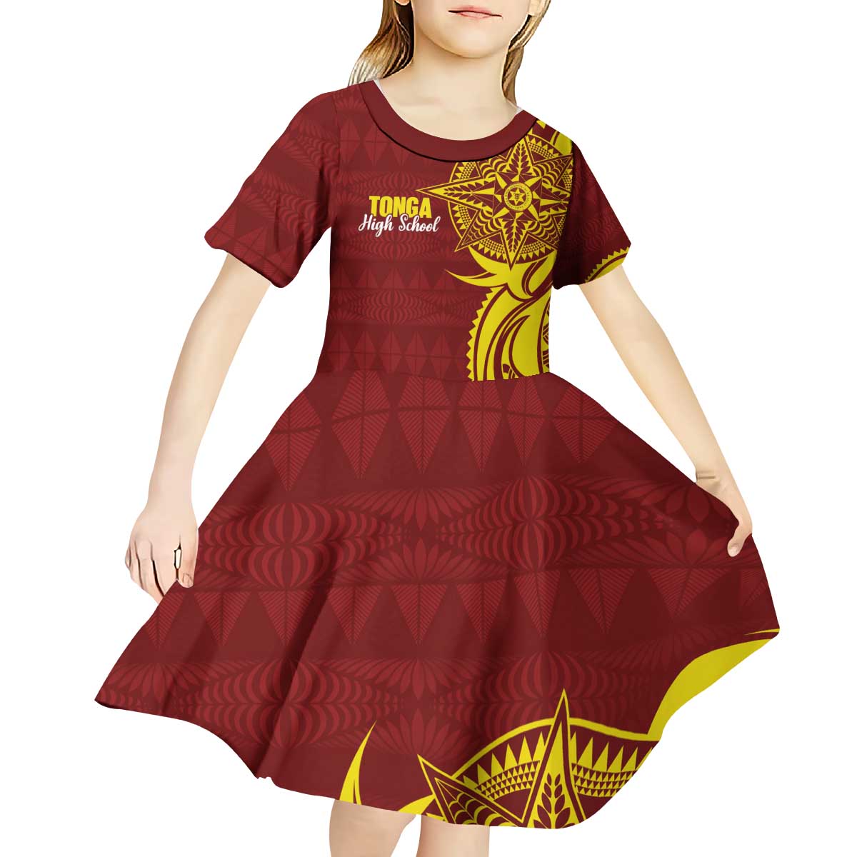 Personalised Tonga High School Kid Short Sleeve Dress THS Tongan Ngatu Pattern - Polynesian Pride