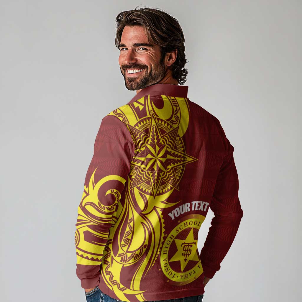 Personalised Tonga High School Long Sleeve Polo Shirt THS Tongan Ngatu Pattern - Polynesian Pride