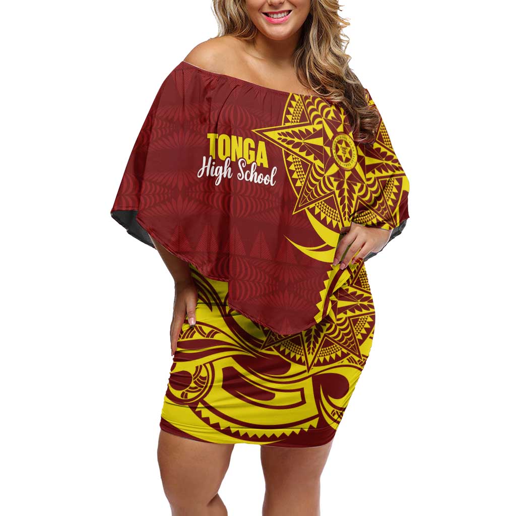 Personalised Tonga High School Off Shoulder Short Dress THS Tongan Ngatu Pattern - Polynesian Pride