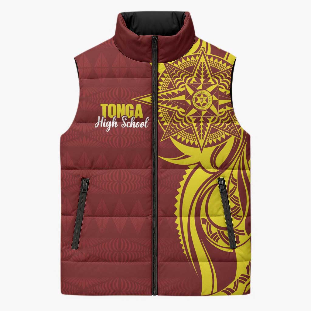 Personalised Tonga High School Sleeveless Puffer Jacket THS Tongan Ngatu Pattern - Polynesian Pride