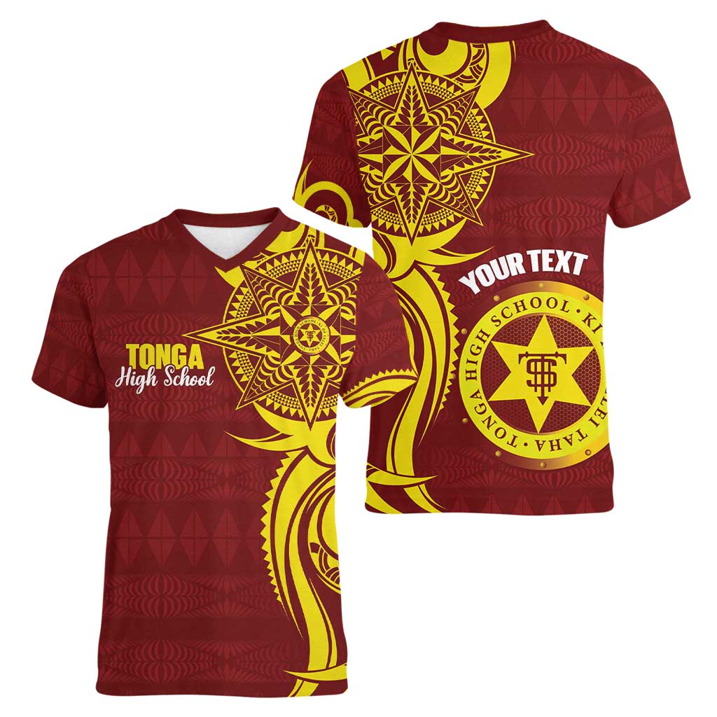 Personalised Tonga High School Women V-Neck T-Shirt THS Tongan Ngatu Pattern - Polynesian Pride