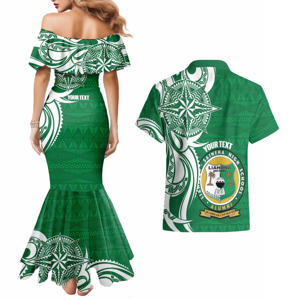 Personalised Liahona - Saineha High School Couples Matching Mermaid Dress and Hawaiian Shirt Tongan Ngatu Pattern - Polynesian Pride
