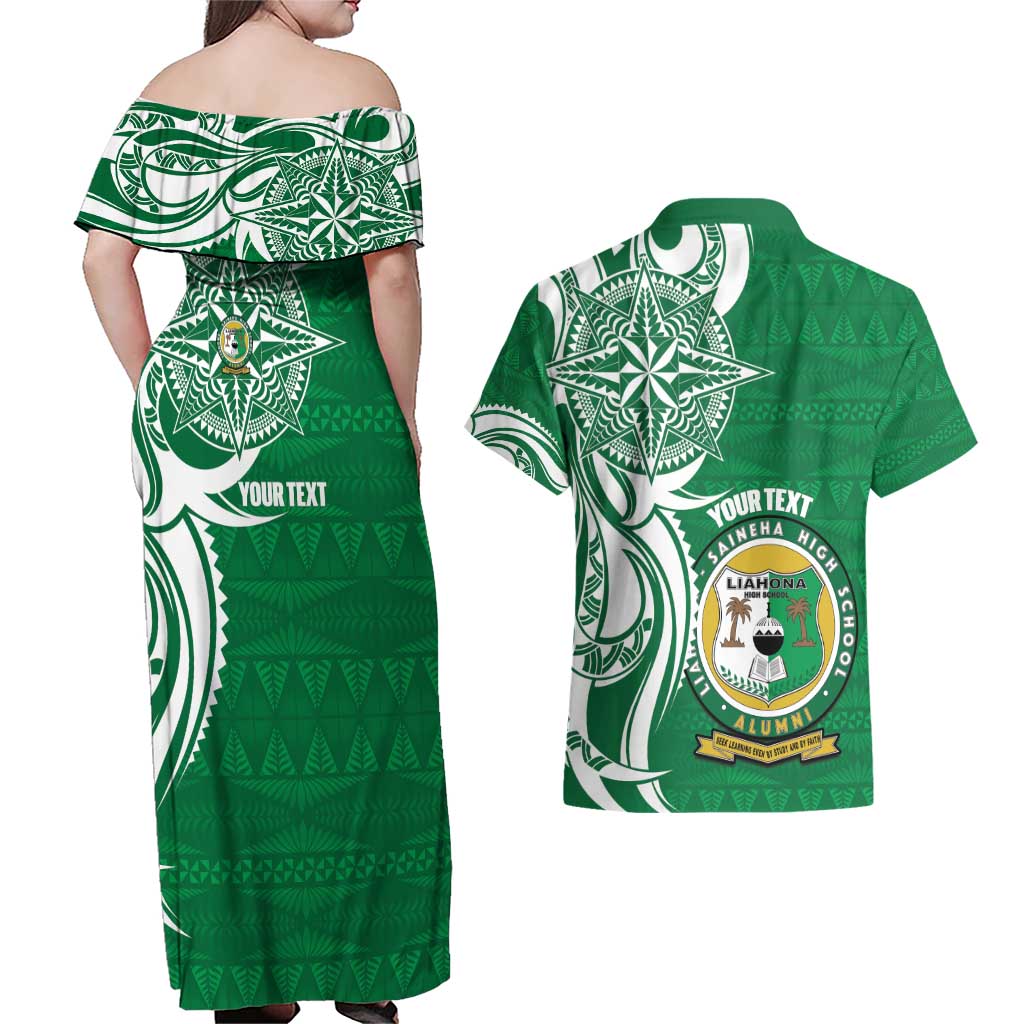 Personalised Liahona - Saineha High School Couples Matching Off Shoulder Maxi Dress and Hawaiian Shirt Tongan Ngatu Pattern - Polynesian Pride