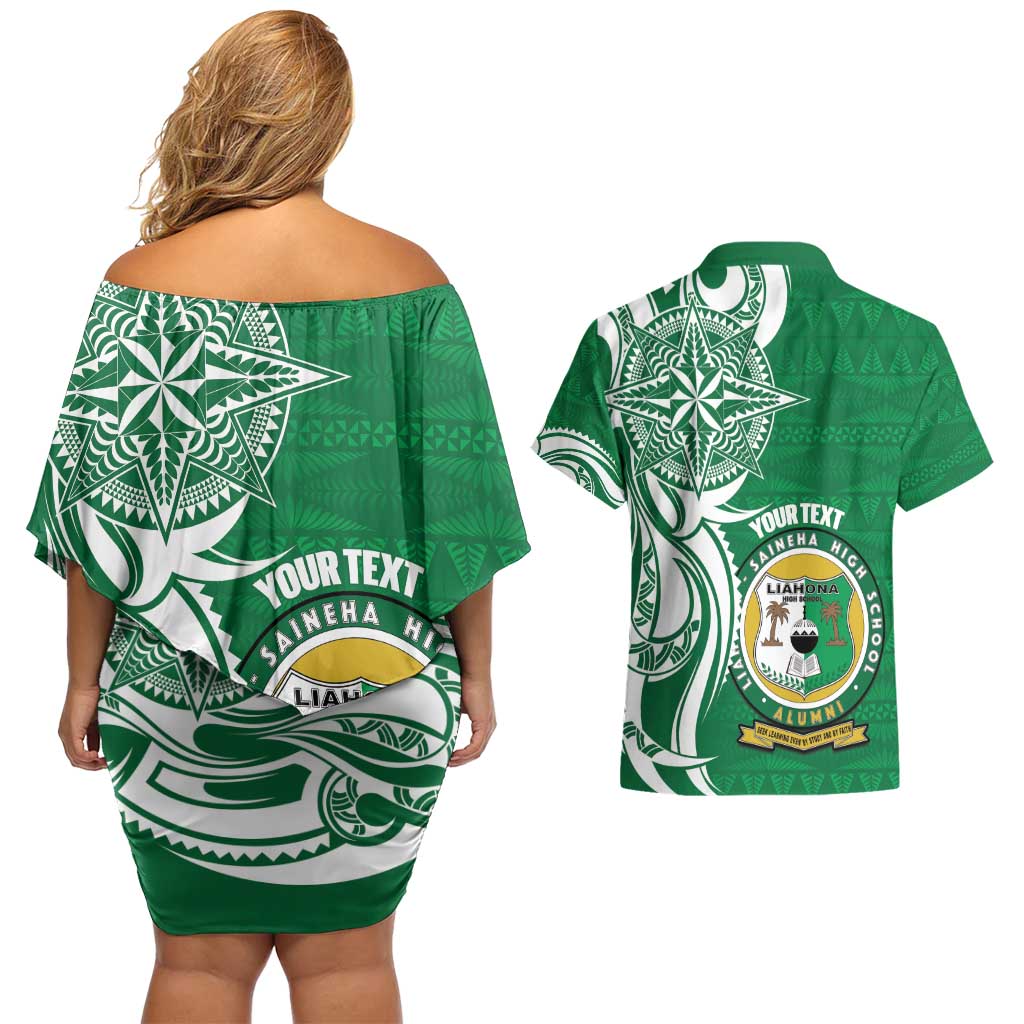 Personalised Liahona - Saineha High School Couples Matching Off Shoulder Short Dress and Hawaiian Shirt Tongan Ngatu Pattern - Polynesian Pride
