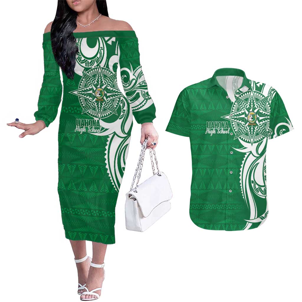 Personalised Liahona - Saineha High School Couples Matching Off The Shoulder Long Sleeve Dress and Hawaiian Shirt Tongan Ngatu Pattern - Polynesian Pride