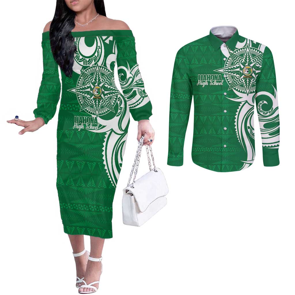 Personalised Liahona - Saineha High School Couples Matching Off The Shoulder Long Sleeve Dress and Long Sleeve Button Shirt Tongan Ngatu Pattern - Polynesian Pride