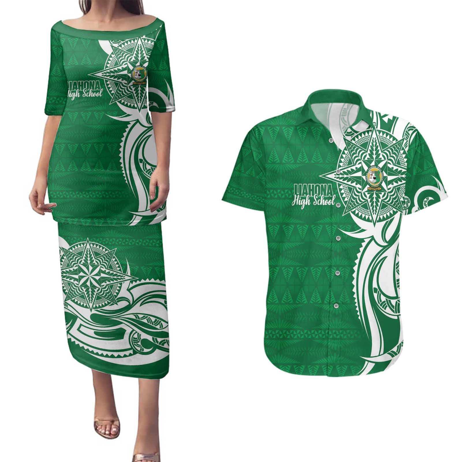 Personalised Liahona - Saineha High School Couples Matching Puletasi and Hawaiian Shirt Tongan Ngatu Pattern - Polynesian Pride
