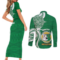 Personalised Liahona - Saineha High School Couples Matching Short Sleeve Bodycon Dress and Long Sleeve Button Shirt Tongan Ngatu Pattern - Polynesian Pride