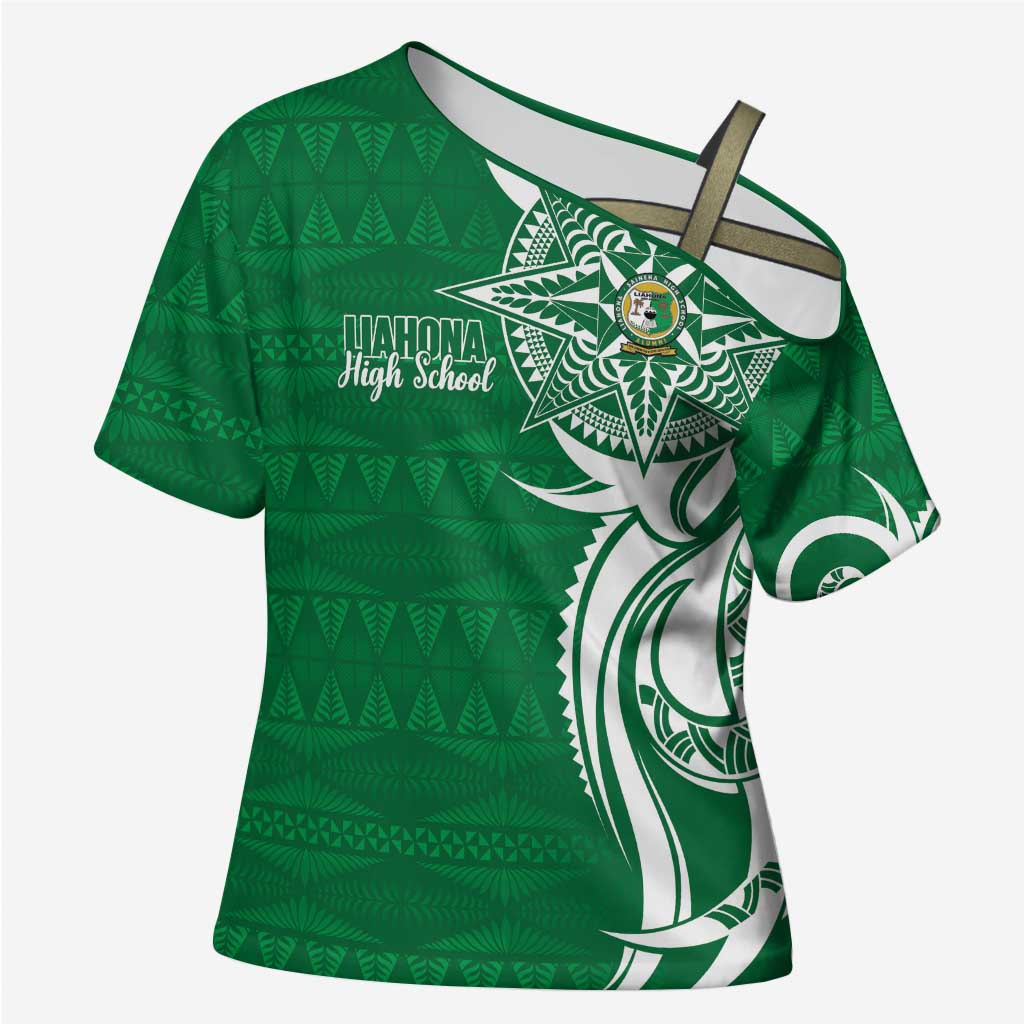 Personalised Liahona - Saineha High School Cross Shoulder Shirt Tongan Ngatu Pattern - Polynesian Pride